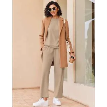 Ekouaer Pajamas for Women 2 Piece Lounge Set Long Sleeve Sleepwear Comfy Fuzzy Pjs Crew Neck Nightwear with Poeckts Khaki,Medium