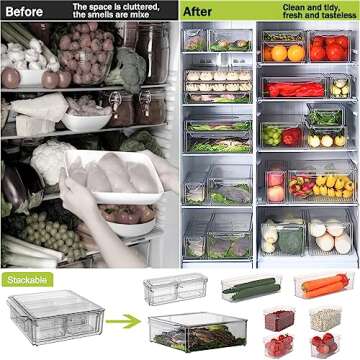 JUMAIPRO Refrigerator Organizer Bins with Lids, 10 Pack Stackable Fridge Organization, Clear Plastic Pantry Food Storage Bins, Vegetable Fruit Storage Containers for Kitchen, Cabinets, Fridge