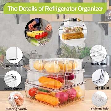 JUMAIPRO Refrigerator Organizer Bins with Lids, 10 Pack Stackable Fridge Organization, Clear Plastic Pantry Food Storage Bins, Vegetable Fruit Storage Containers for Kitchen, Cabinets, Fridge