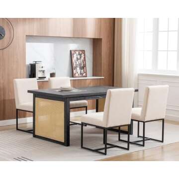 HNY Century Modern Dining Chairs Set of 6, Linen Fabric Kitchen & Dining Room Chair, Upholstered Dining Chair Side Chair with Black Finish Metal Frame, Cream 6 PC