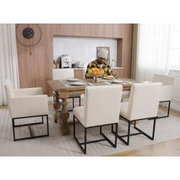 HNY Century Modern Dining Chairs Set of 6, Linen Fabric Kitchen & Dining Room Chair, Upholstered Dining Chair Side Chair with Black Finish Metal Frame, Cream 6 PC