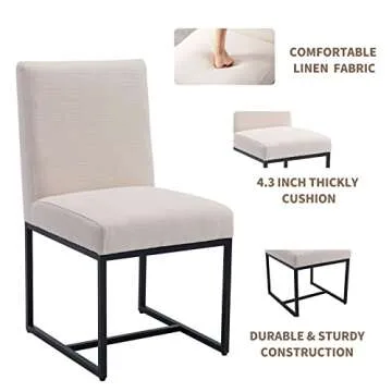 HNY Century Modern Dining Chairs Set of 6, Linen Fabric Kitchen & Dining Room Chair, Upholstered Dining Chair Side Chair with Black Finish Metal Frame, Cream 6 PC