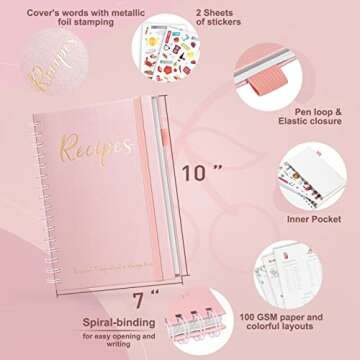 JUBTIC Blank Recipe Book to Write in Your Own Recipes 7" x 10" - Make Your Own Family Cookbook & Recipe Notebook Organizer, Empty Cooking Journal with Color Printing Paper and 2 Colorful Stickers for Family Recipes,Hold up to 120 Recipes - Pink