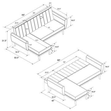 Novogratz 2275429N Brittany Sofa, Light Grey Linen Sectional Futon, Gray