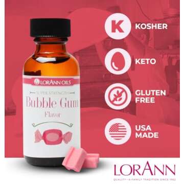 LorAnn Oils Super Strength Flavoring - Used For Candy Making, Flavoring Extracts, Baking, Hard Candy, and Flavor Oils - Bold, Natural Flavors 4X Stronger Than Extracts - Bubble Gum, 1 fl oz