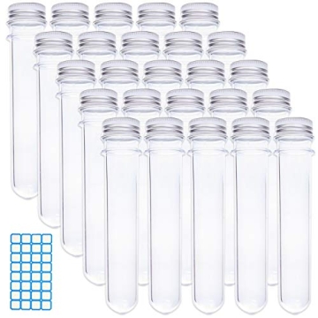 Rainbow-B 25pcs 25x140mm （45ml ） Clear Plastic Test Tubes with Caps, with 1 Sheet of 32 Label St...