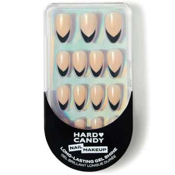 Hard Candy Press On Nails, Reusable with Gel Shine Finish, Tuxedo, Black French Tip, Long Almond Nai...