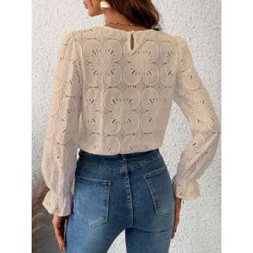 CUPSHE Women Eyelet Long Sleeve Tops - Elegant Crochet Blouses 2025 Fashion
