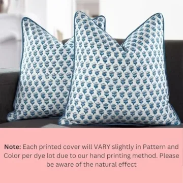 CPC 100% Cotton Throw Pillow Covers 20x20 Inch, Set of 2 Blue Block Print Pattern Couch Pillow, Cute Decorative Pillows for Living Room, spring, easter, valentines and with Hidden Zipper- Apatite Blue