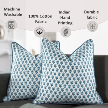 CPC 100% Cotton Throw Pillow Covers 20x20 Inch, Set of 2 Blue Block Print Pattern Couch Pillow, Cute Decorative Pillows for Living Room, spring, easter, valentines and with Hidden Zipper- Apatite Blue