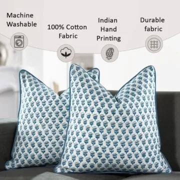 CPC 100% Cotton Throw Pillow Covers 20x20 Inch, Set of 2 Blue Block Print Pattern Couch Pillow, Cute Decorative Pillows for Living Room, spring, easter, valentines and with Hidden Zipper- Apatite Blue