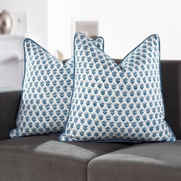 CPC 100% Cotton Throw Pillow Covers 20x20 Inch, Set of 2 Blue Block Print Pattern Couch Pillow, Cute Decorative Pillows for Living Room, spring, easter, valentines and with Hidden Zipper- Apatite Blue