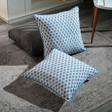 CPC 100% Cotton Throw Pillow Covers 20x20 Inch, Set of 2 Blue Block Print Pattern Couch Pillow, Cute Decorative Pillows for Living Room, spring, easter, valentines and with Hidden Zipper- Apatite Blue