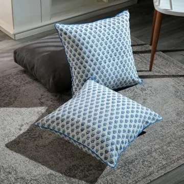 CPC 100% Cotton Throw Pillow Covers 20x20 Inch, Set of 2 Blue Block Print Pattern Couch Pillow, Cute Decorative Pillows for Living Room, spring, easter, valentines and with Hidden Zipper- Apatite Blue