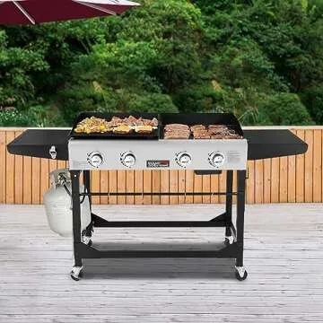 Royal Gourmet GD401C 4-Burner Propane Gas Grill and Griddle Combo with Cover, Griddle Grill Combo with 48,000 BTUs Output for Outdoor Cooking While Camping or Tailgating, Black & Silver