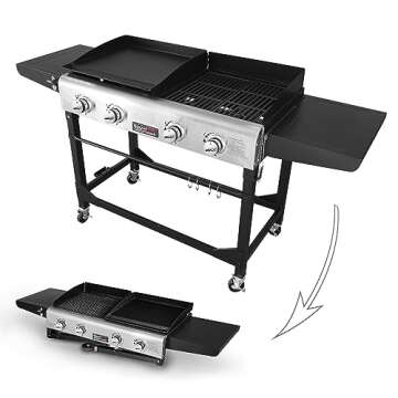 Royal Gourmet GD401C 4-Burner Propane Gas Grill and Griddle Combo with Cover, Griddle Grill Combo with 48,000 BTUs Output for Outdoor Cooking While Camping or Tailgating, Black & Silver