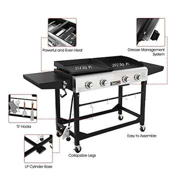 Royal Gourmet GD401C 4-Burner Propane Gas Grill and Griddle Combo with Cover, Griddle Grill Combo with 48,000 BTUs Output for Outdoor Cooking While Camping or Tailgating, Black & Silver