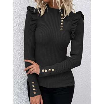 SOLY HUX Women's Ribbed Knit Mock Turtleneck Sweater Ruffle Trim Slim Fit Pullover Tops