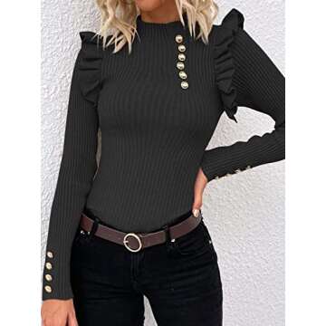 SOLY HUX Women's Ribbed Knit Mock Turtleneck Sweater Ruffle Trim Slim Fit Pullover Tops