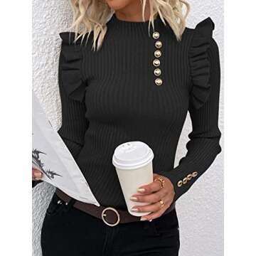 SOLY HUX Women's Ribbed Knit Mock Turtleneck Sweater Ruffle Trim Slim Fit Pullover Tops