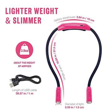 Vekkia Lightweight Neck Reading Light - 3 Colors, 9 Brightness. Rechargeable, Hands - Free, Portable. for Bed Reading, Knitting, Sewing, Crafting. Appeals to Repair & Craft Fans （Pink