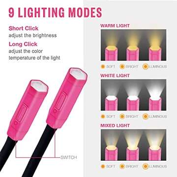 Vekkia Lightweight Neck Reading Light - 3 Colors, 9 Brightness. Rechargeable, Hands - Free, Portable. for Bed Reading, Knitting, Sewing, Crafting. Appeals to Repair & Craft Fans （Pink