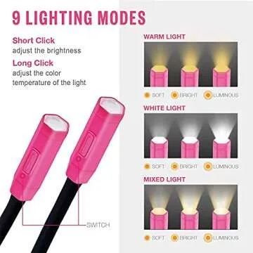 Vekkia Lightweight Neck Reading Light - 3 Colors, 9 Brightness. Rechargeable, Hands - Free, Portable. for Bed Reading, Knitting, Sewing, Crafting. Appeals to Repair & Craft Fans （Pink