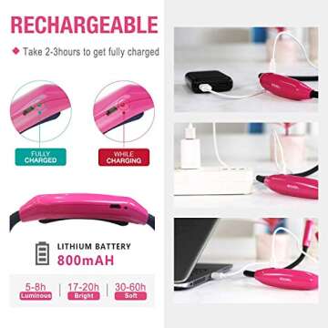 Vekkia Lightweight Neck Reading Light - 3 Colors, 9 Brightness. Rechargeable, Hands - Free, Portable. for Bed Reading, Knitting, Sewing, Crafting. Appeals to Repair & Craft Fans （Pink