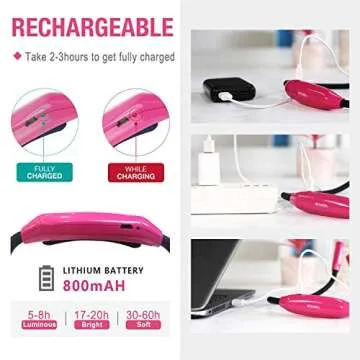Vekkia Lightweight Neck Reading Light - 3 Colors, 9 Brightness. Rechargeable, Hands - Free, Portable. for Bed Reading, Knitting, Sewing, Crafting. Appeals to Repair & Craft Fans （Pink