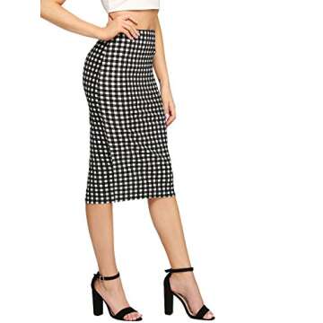 SheIn Women's Elegant Strecthy Mid Waist Plaid Split Pencil Skirt Black&White Medium