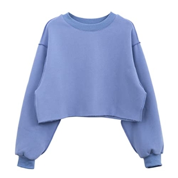 Amazhiyu Women Cropped Sweatshirt Long Sleeves Pullover Fleece Crop Tops Slate Blue, Medium