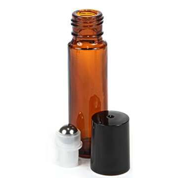 Vivaplex, 6, Amber, 10 ml Glass Roll-on Bottles with Stainless Steel Roller Balls - .5 ml Dropper included
