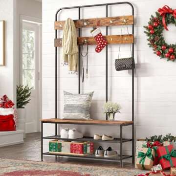 HOOBRO Hall Tree with Bench, Entryway Bench with Coat Rack, Mud Room Bench with 12 Double Hooks and ...
