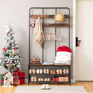 HOOBRO Hall Tree with Bench, Entryway Bench with Coat Rack, Mud Room Bench with 12 Double Hooks and Storage Bench, Coat Tree, Shoe Rack Organizer, for Foyer, Front Door, Rustic Brown BF05MT01