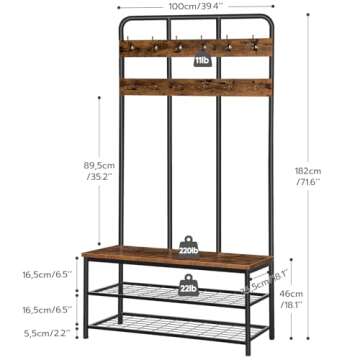 HOOBRO Hall Tree with Bench, Entryway Bench with Coat Rack, Mud Room Bench with 12 Double Hooks and Storage Bench, Coat Tree, Shoe Rack Organizer, for Foyer, Front Door, Rustic Brown BF05MT01