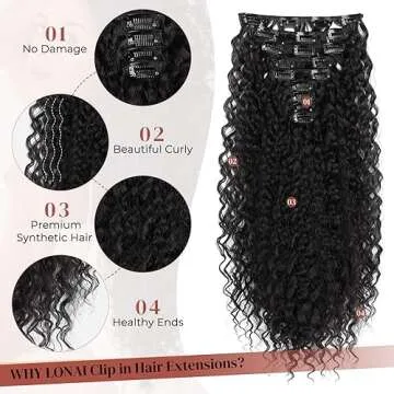 LONAI Black Hair Extension,9PCS 22" Curly Clip in Hair Extensions LN002 Long Soft Thick Synthetic Hairpieces for Women-Black