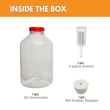 FerMonster B07BQ7JTDJ 3G Wide Mouth Plastic Carboy with #10 Drilled Bung and 3-Piece Airlock, 1G, Multicolor