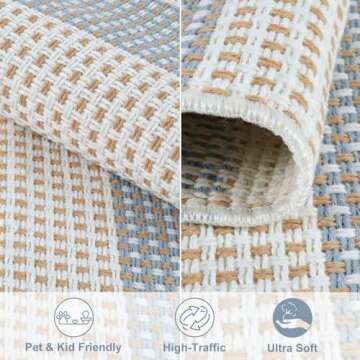 LEEVAN Door Mat Outdoor Entrance 24''x35'', Washable Striped Front Porch Rug, Blue and White Buffalo...