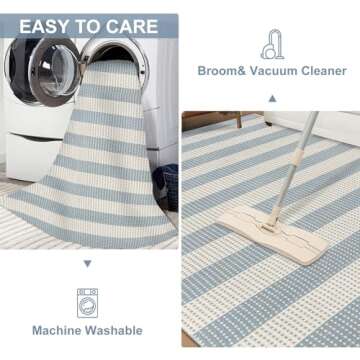 LEEVAN Door Mat Outdoor Entrance 24''x35'', Washable Striped Front Porch Rug, Blue and White Buffalo Welcome Mat, Spring Outside Entryway Rugs, Cotton Woven Indoor Outdoor Layered Doormats