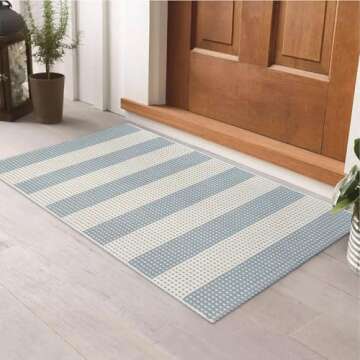 LEEVAN Door Mat Outdoor Entrance 24''x35'', Washable Striped Front Porch Rug, Blue and White Buffalo Welcome Mat, Spring Outside Entryway Rugs, Cotton Woven Indoor Outdoor Layered Doormats