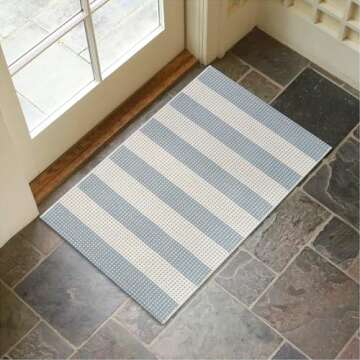 LEEVAN Door Mat Outdoor Entrance 24''x35'', Washable Striped Front Porch Rug, Blue and White Buffalo Welcome Mat, Spring Outside Entryway Rugs, Cotton Woven Indoor Outdoor Layered Doormats