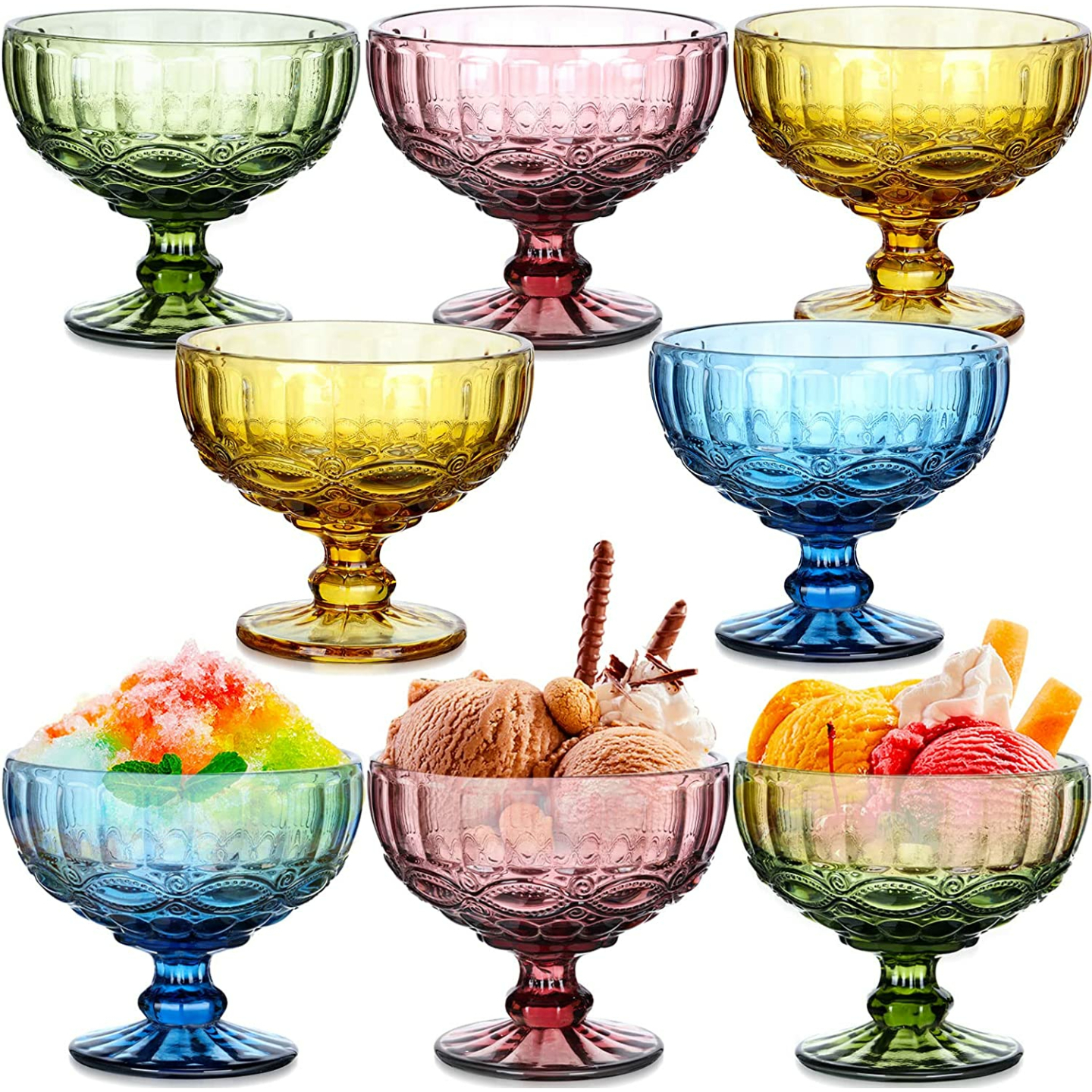 Colorful Vintage Glass Ice Cream Cups Set of 8