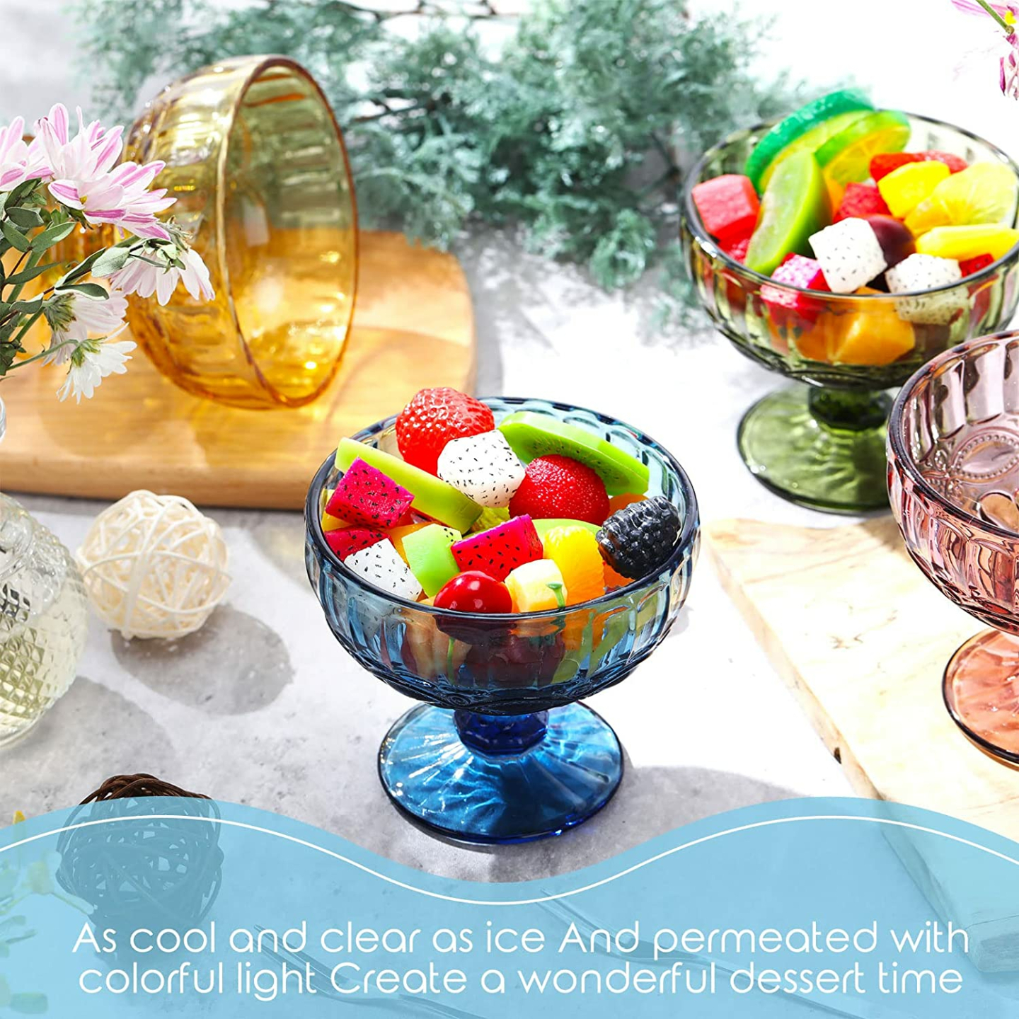 Colorful Vintage Glass Ice Cream Cups Set of 8