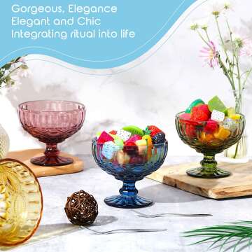 Colorful Vintage Glass Ice Cream Cups Set of 8