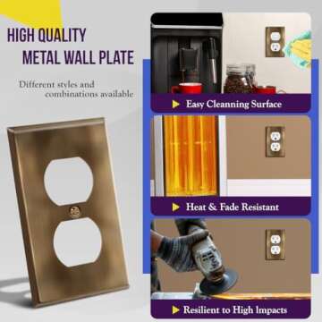 ENERLITES Duplex Receptacle Outlet Metal Wall Plate, Stainless Steel Outlet Cover, Corrosion Resistant, Standard Size 1-Gang 4.50" x 2.76", Stainless Steel 201, 7721-AB-5PCS, Antique Brass, 5 pack