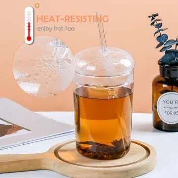 WHJY Glass Tumbler with Lid and Straw, Clear Travel Smoothie Cup，Heat Resistant Glass Outdoor Drinking Glasses， 16oz Glass To Go Cup with Lid and Straw