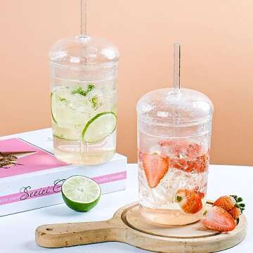 WHJY Glass Tumbler with Lid and Straw, Clear Travel Smoothie Cup，Heat Resistant Glass Outdoor Drinking Glasses， 16oz Glass To Go Cup with Lid and Straw