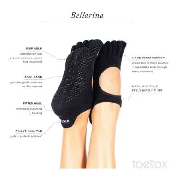 toesox Women's Bellarina Full Toe Grip Non-Slip for Ballet, Yoga, Pilates, Barre Toe Socks, Medium, Black