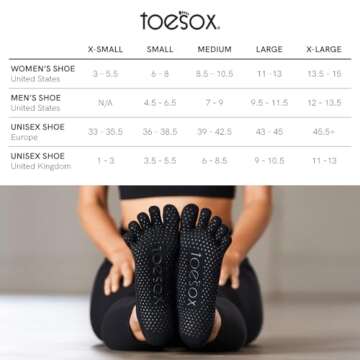 toesox Women's Bellarina Full Toe Grip Non-Slip for Ballet, Yoga, Pilates, Barre Toe Socks, Medium, Black