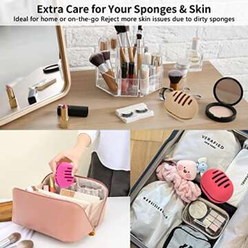 Fauxomor Makeup Sponge Holder,Double-sided 5-line Vented Silicone Beauty Blender Holder for Travel,Shatterproof Make Up Sponge Travel Case for All Sponges Sanitary Reuse Easy to Carry,Pink